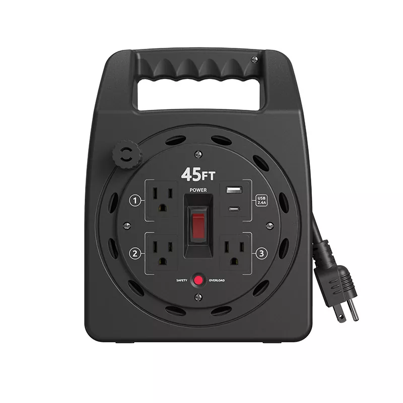 3 Outlets USB2.4a plastikinė laido ritė 45 pėdų su perkrovos apsauga 3 Outlets USB2.4a plastikinė laido ritė 45 pėdų su perkrovos apsauga